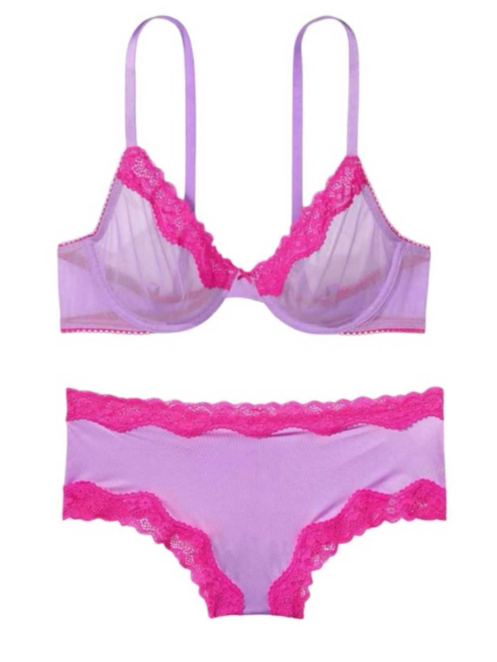 Victoria’s Secret Tease Sheer Lace Lingerie Set Purple Pink Large 36DD